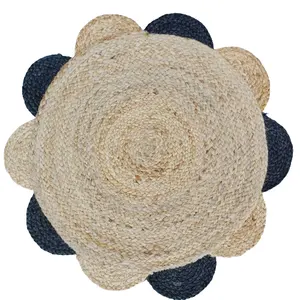 最佳质量手工星星编织黄麻地毯简单刺绣花卉设计风格圆形地毯垫黑色自然色地毯