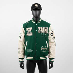 Veste universitaire en laine de haute qualité Corps vert Manches à panneaux crème Broderie en chenille Logo personnalisé Veste universitaire pour hommes - Product Image 1