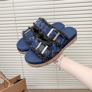 New Women Denim Buckle Espadrille Platform Slides Wholesale Bulk Custom <strong>Ladies</strong> Frayed Edge Platform Sandals for Summer Beach - Product Image 3