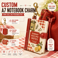 Carnet de recettes personnalisé LABON A7, couverture crème à motif Gingham, dos en cuir rouge motif citron et herbes, fermeture à pression, clip mousqueton, OEM ODM
