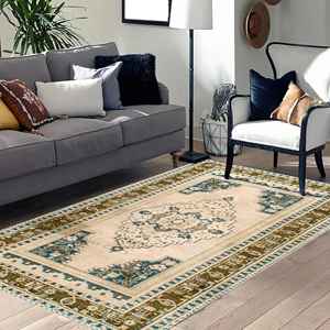 Tapis turc beige : motif géométrique à médaillons, lavable en machine, tapis imprimé, tapis à poils doux - Product Image 1