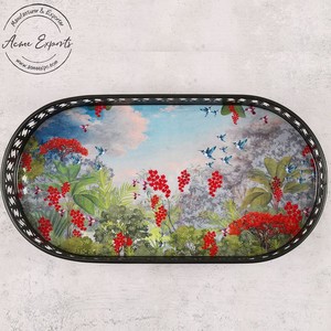 Bandeja de servicio esmaltada ovalada grande al por mayor India Diseño de vista al bosque con madera utilizada para ocasiones especiales Bandeja de comida de hierro para servir - Product Image 2