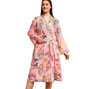 Robe de chambre kimono vintage de style indien pour femmes, en coton imprimé floral d'été, col en V, cordon de serrage, longueur genou, vêtements de nuit - Product Image 1