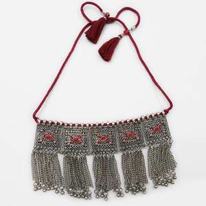 Jeweljunk Maroon Meenakari Statement Necklace 1112401C Rhodium <b>Plated</b> Brass <b>Chains</b> with Diamond and Pearl <b>Gold</b> <b>Plated</b> Jewelry - Product Image 1