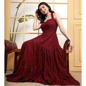 DEEBACO Women's Solid Rayon Halter Neck Tiered Maxi <b>Dress</b> Sleeveless Ankle Length Fit & Flared Summer Western Party Casual Wear - Product Image 1