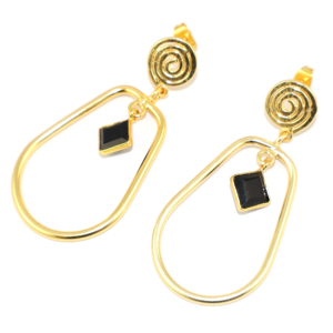 Boucles d'oreilles pendantes en laiton plaqué or 22 carats, motif spirale, onyx noir, quartz hydro, forme fantaisie, style Royal Fashion, vente en gros - Product Image 2