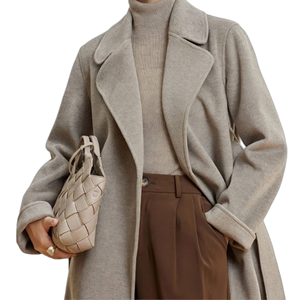 Abrigo de lana beige para mujer, estilo trench, holgado, con forro de piel de oveja, para otoño, manga larga, con bolsillos. - Product Image 1