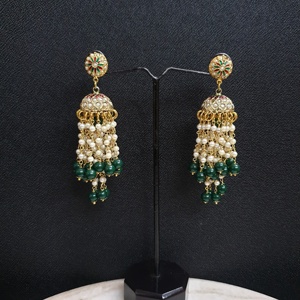 Real <b>Green</b> Pearl Jadau Beaded <b>Earrings</b> - Product Image 3
