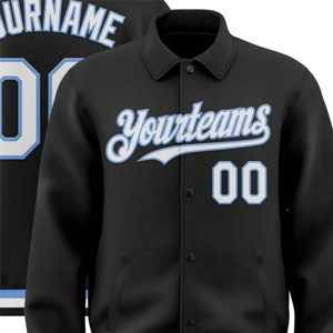 Veste de baseball personnalisée pour homme, col montant, bleu clair, broderie de lettres, veste universitaire noire, devant en peau de mouton, bordure côtelée, personnalisée - Product Image 6