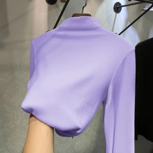 T-shirt de base chaud coupe ajustée d'hiver pour femmes épaissi double face velours givré col demi-haut décontracté manches de couleur pure - Product Image 6