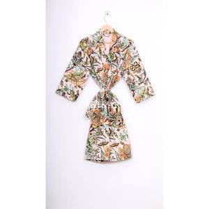 Vintage Beautiful knee-Length Kantha Kimono Robe Home Wear Handmade 100% Cotton Soft Floral Pattern V-neck Drawstring Closure - Product Image 5