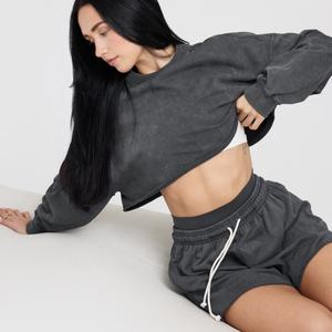 Offre Spéciale acide lavage à manches longues haut tricoté plaine ample col rond sweat Sexy femmes Streetwear recadrée sweats à capuche - Product Image 4