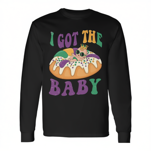 Maglietta a Maniche Lunghe per Annuncio di Gravidanza con Tema Baby Mardi Gras King Cake per Promozioni - Product Image 2