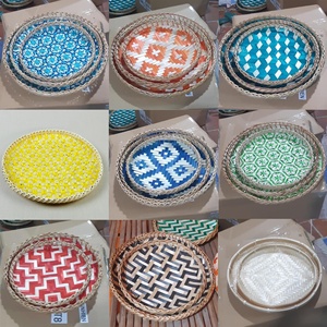 KITCHEN <b>GADGETS</b> Storage Trays Bamboo Woven Decorative Tray Serving Pattern Round Colorful Placemat Plates Basket <b>Home</b> Wall Decor - Product Image 2