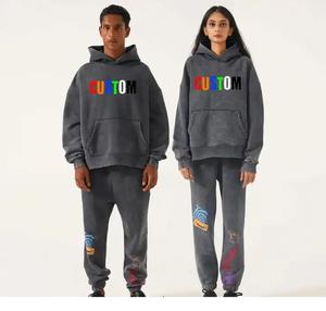 Chándal personalizado con capucha lavado ácido y pantalones de chándal conjunto 100% algodón pesado parche desgastado bordado chándal para hombres - Product Image 1