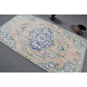 Tapis turc vintage traditionnel bleu beige 3.8x6,8 pieds motif patchwork tissage plat laine PP pour décorations de salon 4m latex - Product Image 4