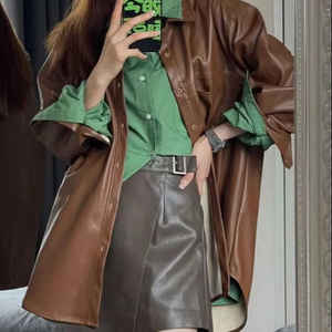 Womens Vintage Brown PU Leather Jacket Loose Casual <b>Button</b> <b>Coat</b> - Product Image 2