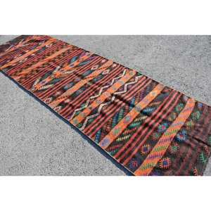Alfombra de yute estilo Kilim turco negro Vintage 35X115 pies tejido plano patrón de retazos lana látex rectángulo diseño de pasillo - Product Image 2