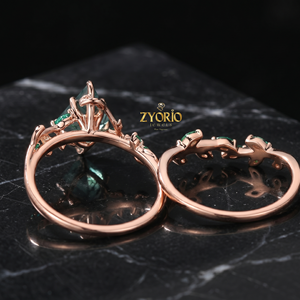 Anillo de compromiso de lujo con ágata musgosa tallada en forma de cometa, oro macizo de 18K, diseño de hoja de esmeralda y guirnalda, joyería fina inspirada en la naturaleza - Product Image 4