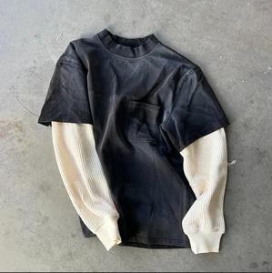 T-shirt surdimensionné en coton tricoté gaufré pour hommes, lavé à l'acide, délavé au soleil, T-shirt à manches longues double épaisseur - Product Image 2