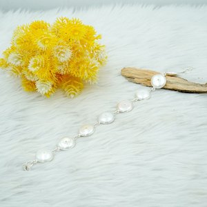 925 Sterling <b>Silver</b> 8\" Inch <b>Adjustable</b> Coin-Shape Freshwater Pearl <b>Bracelet</b> Handmade Natural Anniversary Gift - Product Image 3