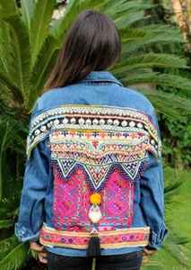 Custom Bohemian Style Embroidery Women's Varsity Denim Jacket Men's Christmas Boho Party <b>Dress</b> Ladies Banjara Cotton <b>Button</b> - Product Image 4