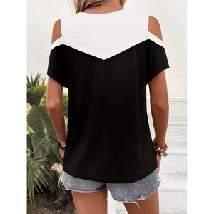 Blusa de viscosa bicolor de manga corta y cuello redondo para mujer, 36458 - Negro - Product Image 4