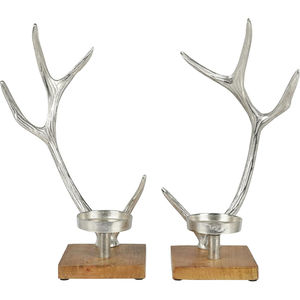 Ensemble de bougeoirs en aluminium de qualité supérieure, ton argenté, avec base en bois de manguier, centre de table, décoration d'intérieur, bougeoir - Product Image 1