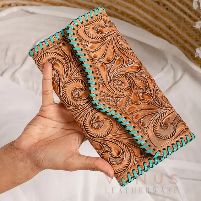 New Western Stylish Hair On Hide Brown Tooled Fur Leather Clutch Women Designed Purse Hot Selling Tooled Leather Unique Wallet