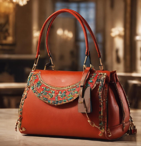 Chic blue textured leather bag with a whimsical daisy field embroidery. Available at wholesale prices. - Product Image 6