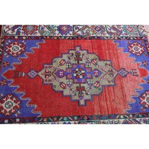3x3.7 ft Rug, Turkish Vintage Rug, <b>Red</b> Ikat <b>Wool</b> Rug - Product Image 4