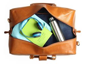 Sac de voyage en cuir véritable de luxe pour homme, couleur bronzée, fermeture éclair en polyester, résistant à l'eau, grande capacité, sac à bandoulière rembourré - Product Image 2