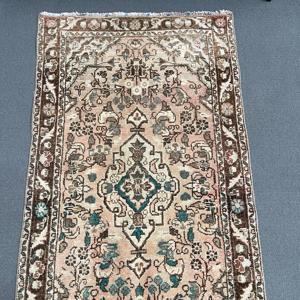 Turkish Vintage Rug, 2.6x8.4 ft Runner Rug, <b>Brown</b> Blue Oriental <b>Wool</b> Rug - Product Image 3
