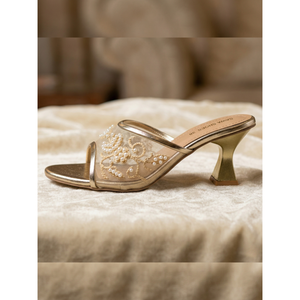 Escarpins de mariée respirants à talons dorés ornés à la main 529 G, à bride unique, bout pointu, talons fins de 8 cm de hauteur moyenne - Product Image 4