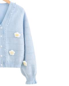 Customized <b>Women</b> Baby Blue <b>Knit</b> Cardigan Sweater With White Flower Applique Ruffle V Neck Button Front Cute Winter Fashion <b>Top</b> - Product Image 4