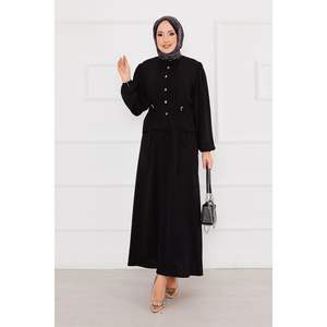 Conjunto negro de 2 piezas Hijab plisado en la cintura, ajuste holgado, estilo informal, cuello levantado, tejido, patrón tejido para primavera - Product Image 4