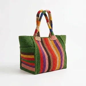Striped <b>Raffia</b> Tote Bag Bohemian <b>Handbag</b> Water-Resistant Open Top Cotton Lining Portable for Spring Beach Travel Daily Use - Product Image 6