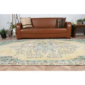 Turkish 5.7x9.9 ft Rug, Vintage Rug, <b>Yellow</b> Check Rug <b>Wool</b> - Product Image 2