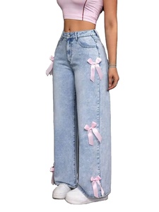 Mid Waist Women Straight Leg Jeans <b>Wide</b> Fit Denim Breathable Quick Dry <b>Ribbon</b> Bow Style - Product Image 3