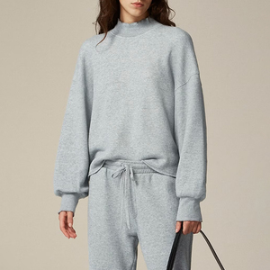 Sweat-shirt en éponge de coton français pour femmes couleur unie brodé col montant Style décontracté surdimensionné pour le printemps automne hiver avant - Product Image 2