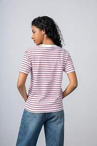 Camiseta básica de manga corta con cuello a rayas para mujer, 100% de algodón, ecológica, antibolitas, ropa informal de verano bordada - Product Image 4