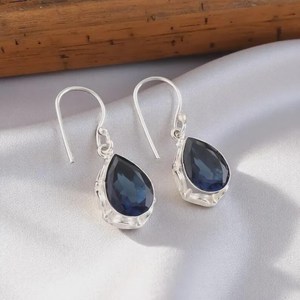 Boucles d'oreilles en topaze bleue de Londres, pierres précieuses, argent sterling 925 plaqué or, bijoux faits à la main, cadeau d'anniversaire et de célébration pour femmes - Product Image 3