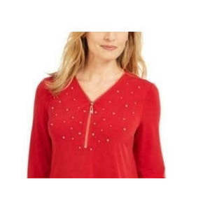 Top casual rosso da donna della collezione JM impreziosito da finiture con cerniera, taglia grande - Product Image 2
