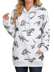 Sweat-shirt à capuche imprimé dinosaure unisexe, surdimensionné, à manches longues, décontracté, en tricot blanc, avec poches - Product Image 1