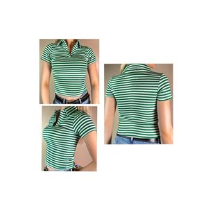Camicetta da donna aderente/adatta al corpo a collo Polo camicetta corta a manica corta a righe bianche-verde