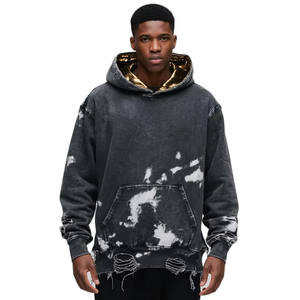 Sudadera con Capucha Desgastada con Ribete Dorado para Hombre, Estilo Urbano 2026, Sudadera con Capucha Extra Grande, Sudadera Informal Moderna - Product Image 1