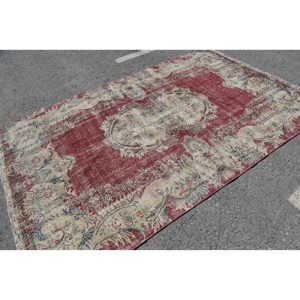 พรมตุรกีวินเทจสีแดงสีเบจ5.7 X 9.4ft พื้นที่ขนาดใหญ่งานเย็บปะทำจากขนสัตว์ออกแบบสำหรับห้องโถงหรือห้องนอน - Product Image 4