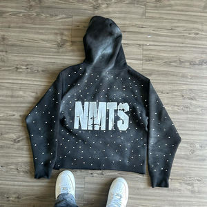 Sweat à capuche vintage pour homme, style streetwear, lavage à l'acide, polyester/coton, coupe ample, délavé au soleil, strass - Product Image 4