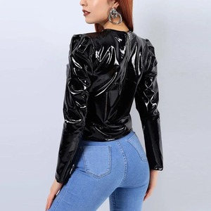 Haute qualité femmes à manches longues PVC cuir manteaux brillant verni laine tissu fourrure personnalisé Clubwear dos Zip pull veste - Product Image 2