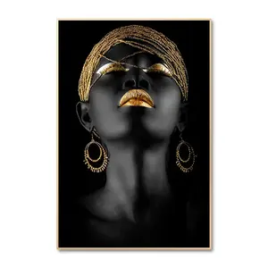 Magnifiques autocollants muraux Femme Africaine 3 pièces, Affiches sur toile Bijoux Dorés, Décoration en tissu pour la maison, chambre et salon, Sans cadre - Product Image 1